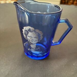 Blue Glass Pitcher with Shirley Temple Design